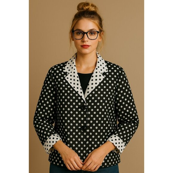 Sun Kim Black & White Polka Dot Jacket M Lightweight Button Front Made In USA - Picture 1 of 10